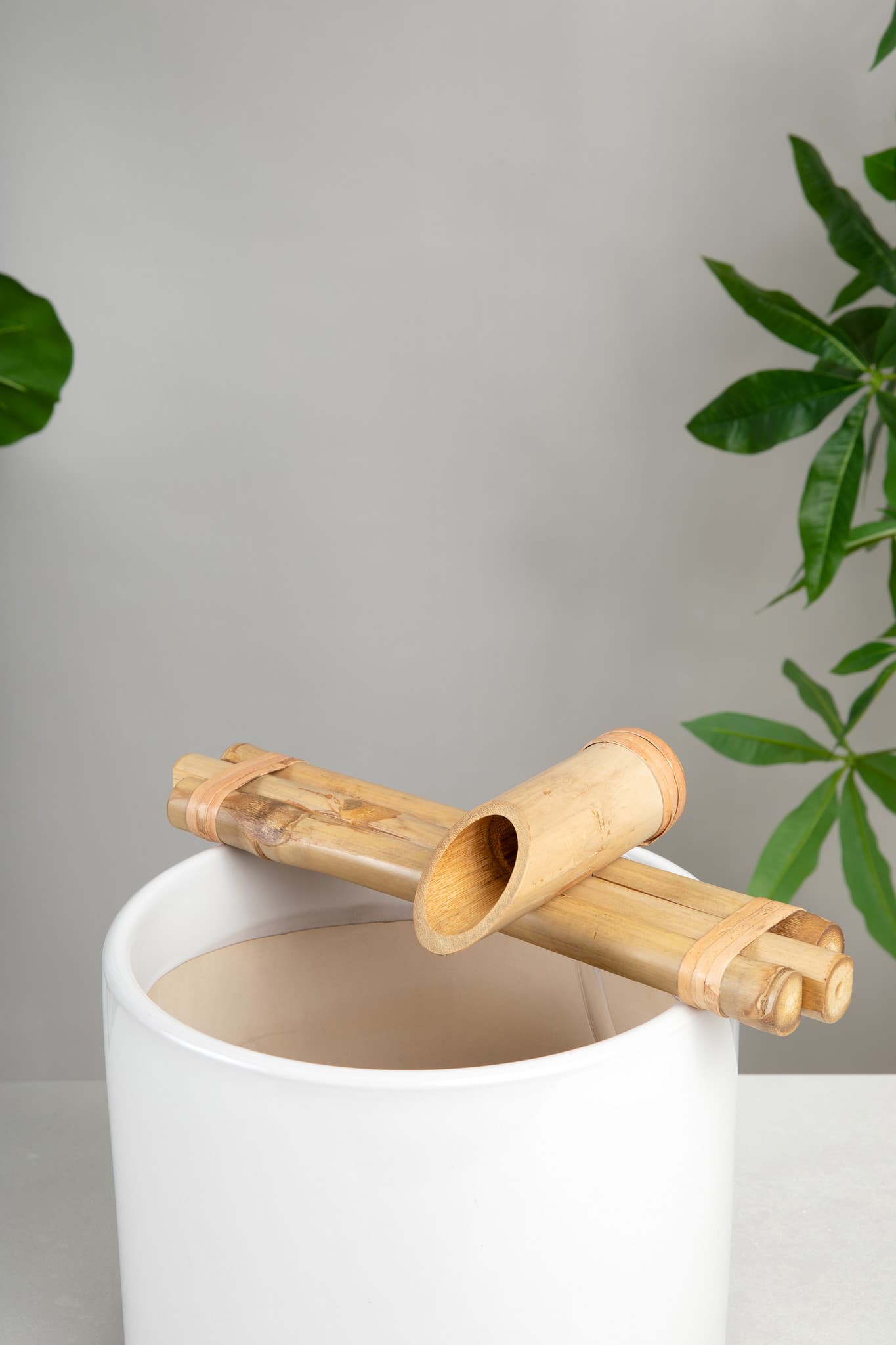Bamboo fountain in garden setting